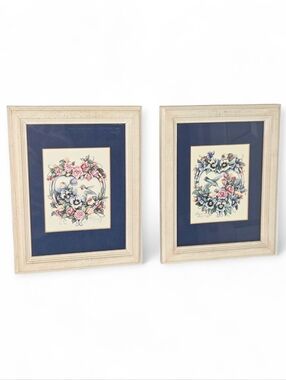 Vintage 90s Blue Hummingbird Floral Wooden Wall Decor Set Laurie Korsgaden